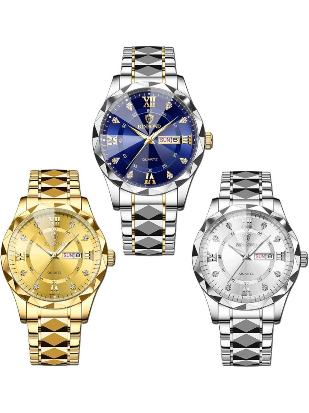 3 Pack Men's Stainless Steel Analog Watches - Waterproof, Luminous, Date, Luxury